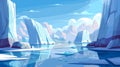 North Pole landscape. Cartoon arctic illustration with ocean and icebergs. Melting ice, snowy ice mountains and rocks Royalty Free Stock Photo