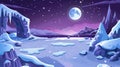 North pole modern landscape at night with a full moon. Cartoon illustration with frozen water and ice arch. Freeze lake Royalty Free Stock Photo