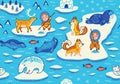 North Pole seamless pattern with wild animals, eskimos and yurt