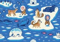 North Pole seamless pattern with wild animals, eskimos and yurt