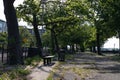 North Shore Esplanade Park in St. George of Staten Island with Green Trees and Benches