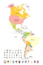 North and South America Political Map On White and Map Icons Royalty Free Stock Photo