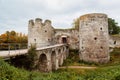 North and South towers and the entrance bridge of the medieval fortress Koporye Royalty Free Stock Photo