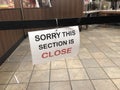 North Vancouver, BC, Canada - April 4, 2020: A restaurant has removed their tables and chairs. A sign `Sorry this section is close