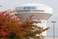 North Wales, Pennsylvania, U.S - October 21, 2023 - The water tower of NWWA Montgomery Township with the fall foliage