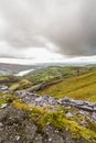 North Wales view from slate quarry, hills and lakes in distance, portrait, copyspace