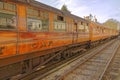 Wooden steam train wagons at goathland station, yorkshire england