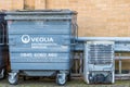 Northampton UK December 09, 2017: Veolia Enviromental Services logo on Waste Commercial Bin with recycled fridge freezer