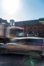 Northampton, UK - Feb 26, 2018: Day view of British Petroleum BP logo with traffic in motion blur in town center