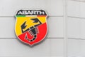 Northampton UK February 03 2018: Abarth Fiat logo sign stand in Northampton Town Centre