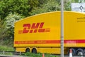 Northampton, UK - May 10th 2019: dhl delivery truck on uk motorway in fast motion Royalty Free Stock Photo