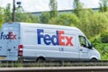 Northampton, UK - May 10th 2019: fedex uk delivery van on british motorway in motion Royalty Free Stock Photo