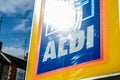 Northampton UK October 3, 2017: Aldi logo sign in Northampton town centre