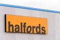 Northampton, UK - 29 OCTOBER 2017: Day view shot of Halfords logo in Sixfields Retail park