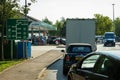 Northampton UK - Sep 26 2021: long car queue at Morrisons petrol station. Petrol and diesel fuel shortages