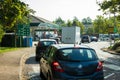 Northampton UK - Sep 26 2021: long car queue at Morrisons petrol station. Petrol and diesel fuel shortages