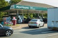 Northampton UK - Sep 26 2021: long car queue at Morrisons petrol station. Petrol and diesel fuel shortages