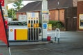 Northampton UK - Sep 26 2021: out of use signs on fuel pumps at Shell petrol station Petrol and diesel fuel shortages