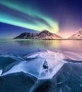 Northen light on the arctic beach, Lofoten islands, Norway Royalty Free Stock Photo