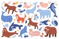Northern animals, reindeer and moose, arctic mammals from Alaska, blue whale, cute polar bear, snow leopard and baby