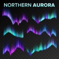 Northern Aurora Set Vector. Polar Sky Night Shiny Magical Phenomenon. Black Transparent Background. Abstract Aurora