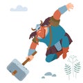 Northern barbarian Viking knight with sledgehammer attacks. Vector flat illustration.