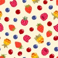 Northern berries seamless pattern. Lingonberry, cranberry, bilberry, cloudberry, raspberry and wild strawberry vector