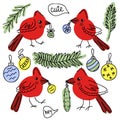 Northern cardinal birds and christmas toys doodle collection. Perfect for T-shirt, stickers, textile and print. Hand drawn Royalty Free Stock Photo