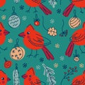 Northern cardinal birds and xmas elements doodle seamless pattern. Christmas print for tee, paper, fabric, textile. Hand drawn Royalty Free Stock Photo