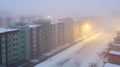 Northern city during snowstorm. Snowy street and gloomy residential buildings that look abandoned. Generative AI