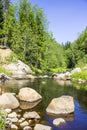 Northern Europe, Karelian Isthmus, traditional landscape - huge stones granite boulders, river, sand, mixed forest. Summer.