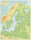 Northern Europe Physical Map. Retro color