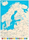 Northern Europe Road Map and Colorful Map Pointers