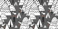 Northern forest. Illustration in folk style. Stylized mountains. Scandinavian print. Line drawing. Seamless pattern for kids