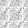 Northern forest. Illustration in folk style. Stylized mountains. Scandinavian print. Line drawing. Seamless pattern for kids