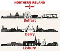 Northern Ireland cities skylines silhouettes vector set