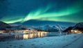 Northern lighs above village. Winter landscape . ai generated