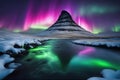 Northern Light, Aurora borealis at Kirkjufell in Iceland. Kirkjufell mountains with aurora