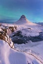 Northern lights appear over Mount Kirkjufell. Royalty Free Stock Photo