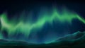 Northern lights. Aurora boreal. Stunning green northern lights on a dark blue starry sky background. Mountains, rocks, stars, Royalty Free Stock Photo