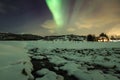 Northern lights Aurora Borealis during night above a water stream in a winter landscape. Royalty Free Stock Photo