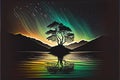 Northern Lights Aurora Borealis lone tree reflection over lake water