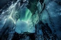 Northern lights aurora borealis over glacier ice cave. Royalty Free Stock Photo