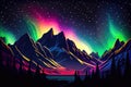 Northern Lights Aurora borealis over stars, mountains and forest, ai generation