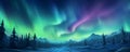 Northern lights banner. Aurora Borealis. Beautiful winter landscape with forest and mountains. AI generated