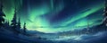 Northern lights banner. Aurora Borealis. Beautiful winter landscape with forest and mountains. AI generated