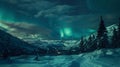 The northern lights dance above in shades of green and blue their vibrant colors reflected in the stillness of the Royalty Free Stock Photo