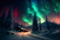 Abstract Illustration of the Aurora Winter Sky with a little house - The Northern Lights - Generative AI Illustration