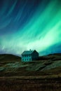 Northern lights glowing over abandoned house on hill in remote location at Iceland Royalty Free Stock Photo