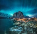 Northern lights in Hamnoy, Lofoten Islands, Norway. Aurora Royalty Free Stock Photo